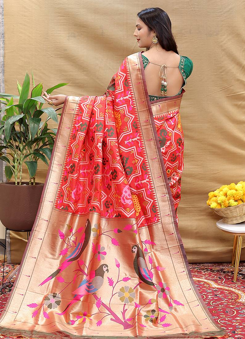 Red patola silk blend saree with bird motif paithani pallu and zari border
