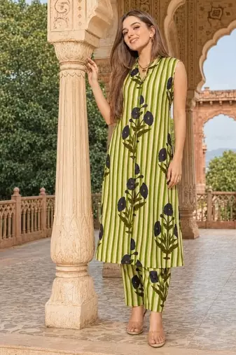 Green cotton stripes & floral printed straight kurta set for women