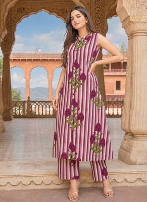 Wine cotton stripes & floral printed straight kurta set for women 1