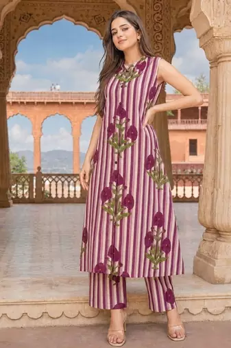 Wine cotton stripes & floral printed straight kurta set for women
