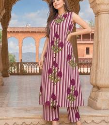 Wine cotton stripes & floral printed straight kurta set for women