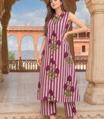Wine cotton stripes & floral printed straight kurta set for women