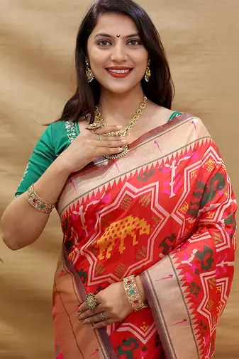 Red patola silk blend saree with bird motif paithani pallu and zari border