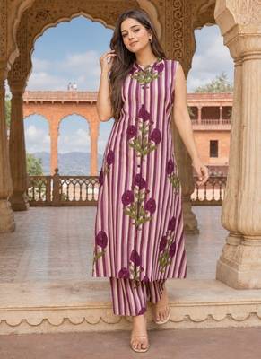 Wine cotton stripes & floral printed straight kurta set for women 2