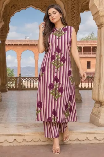 Wine cotton stripes & floral printed straight kurta set for women