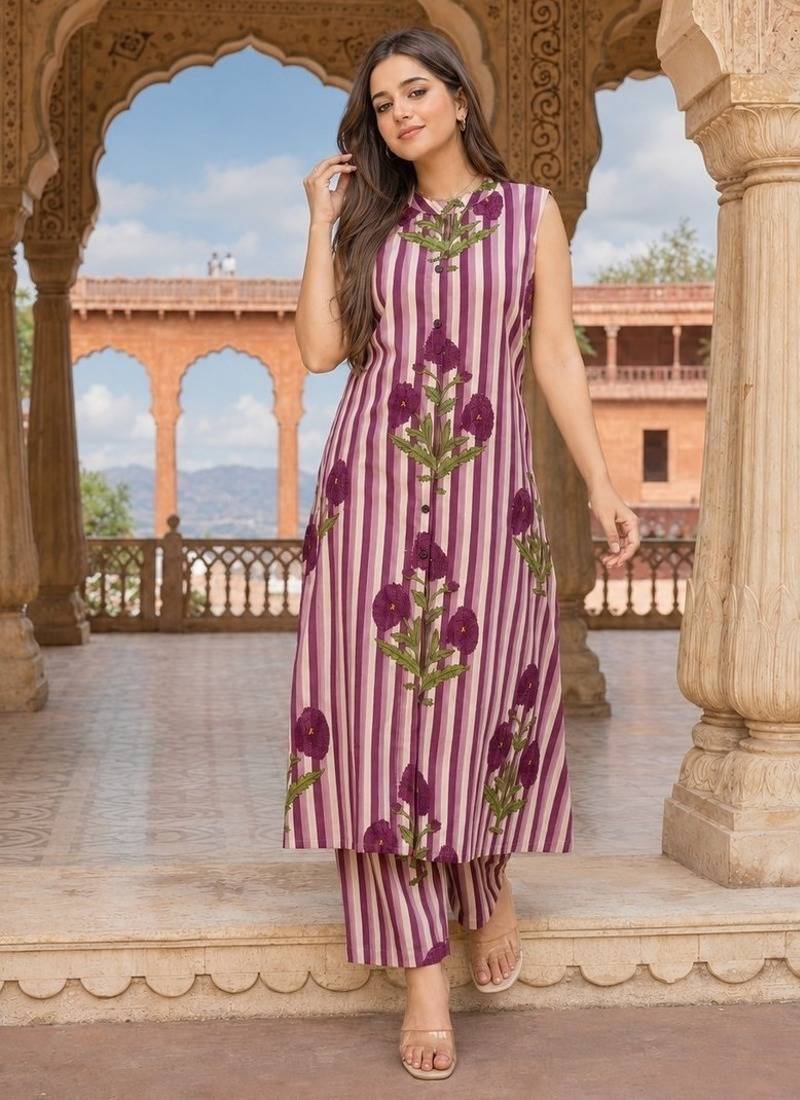 Wine cotton stripes & floral printed straight kurta set for women