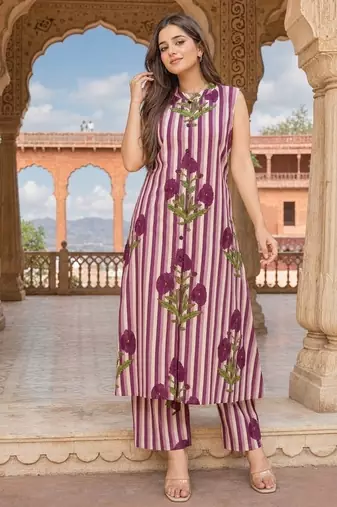 Wine cotton stripes & floral printed straight kurta set for women