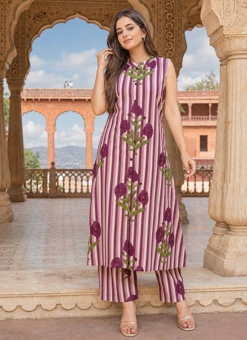 Wine cotton stripes & floral printed straight kurta set for women