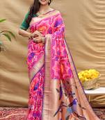 Magenta pink patola silk blend saree with bird motif paithani pallu and zari border