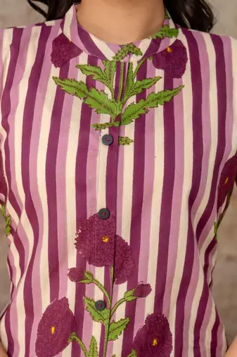 Wine cotton stripes & floral printed straight kurta set for women