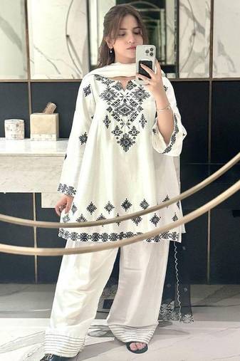White cotton geometric printed a-line short kurta set for women
