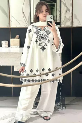 White cotton geometric printed a-line short kurta set for women