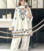 White cotton geometric printed a-line short kurta set for women