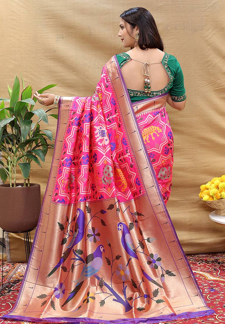 Magenta pink patola silk blend saree with bird motif paithani pallu and zari border