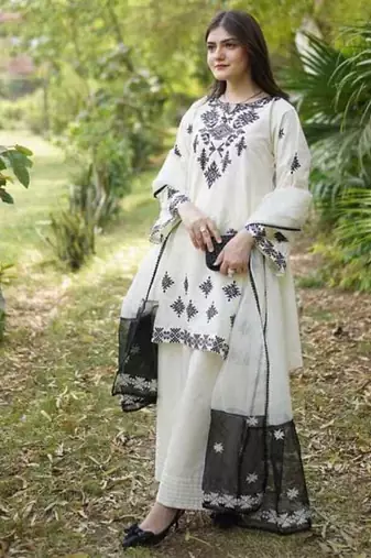 White cotton geometric printed a-line short kurta set for women