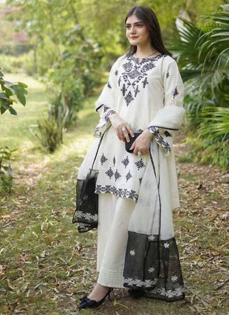 White cotton geometric printed a-line short kurta set for women