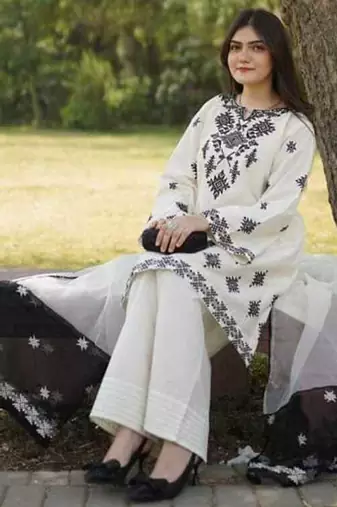 White cotton geometric printed a-line short kurta set for women