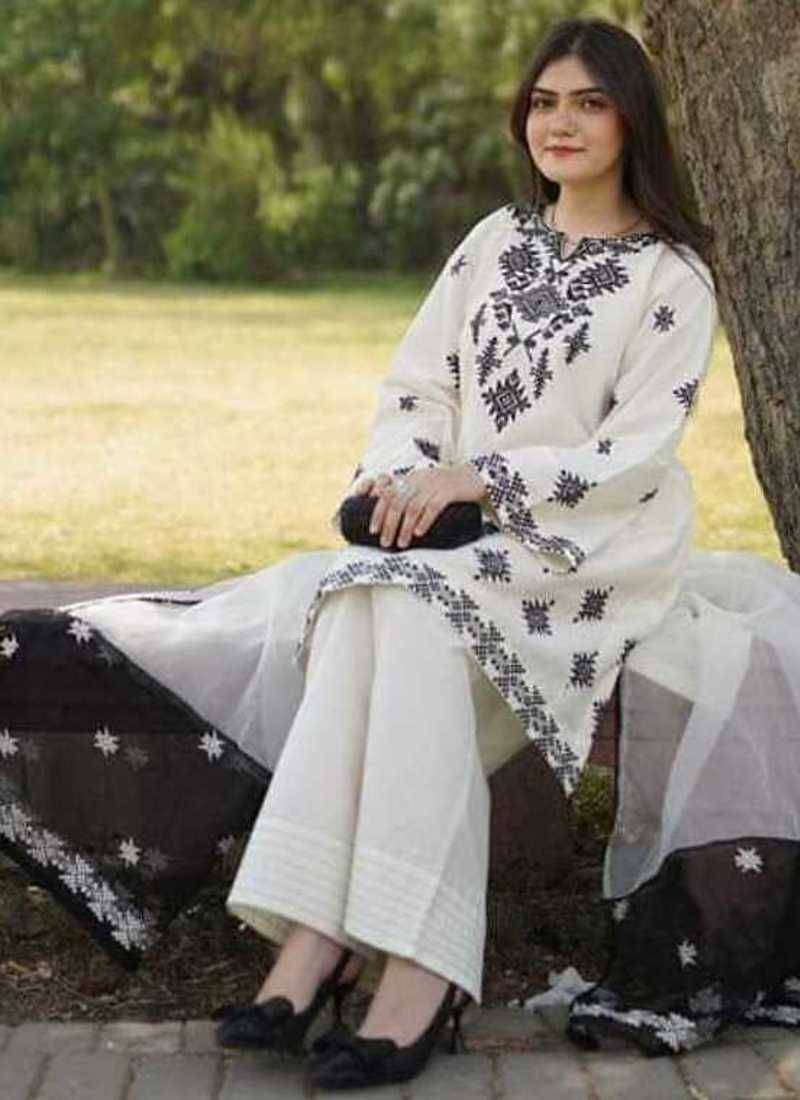 White cotton geometric printed a-line short kurta set for women