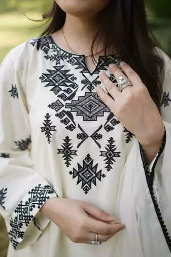 White cotton geometric printed a-line short kurta set for women