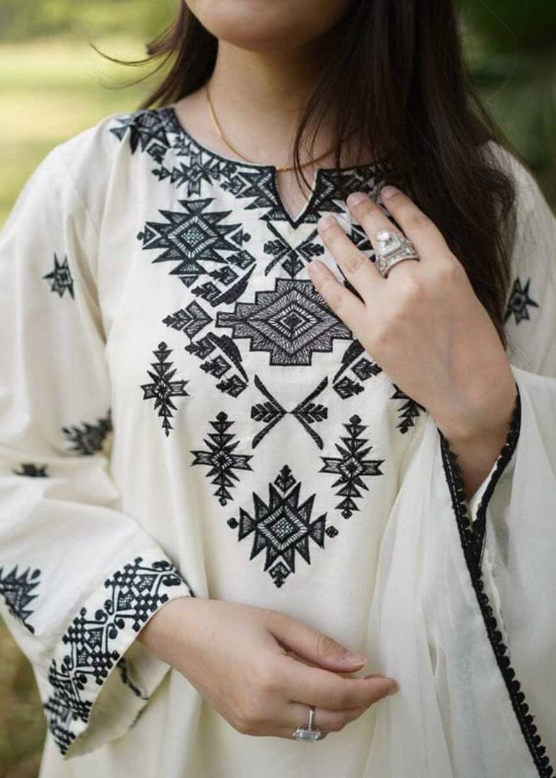 White cotton geometric printed a-line short kurta set for women