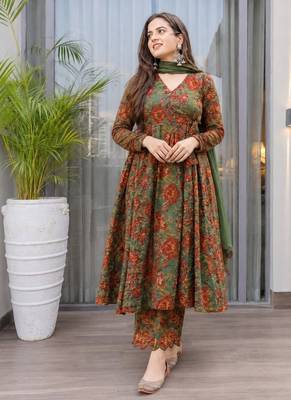 Green cotton floral printed anarkali kurta set with dupatta 1