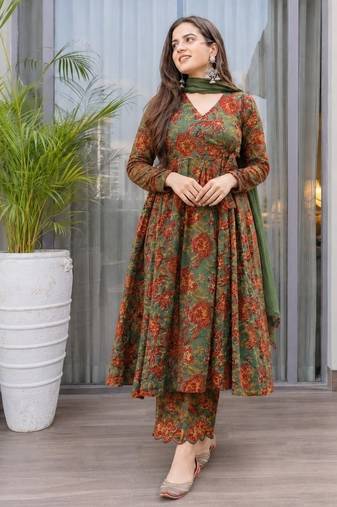 Green cotton floral printed anarkali kurta set with dupatta
