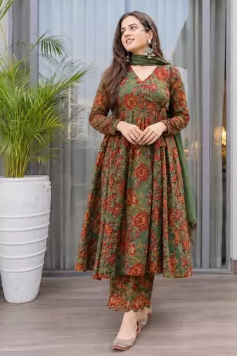 Green cotton floral printed anarkali kurta set with dupatta