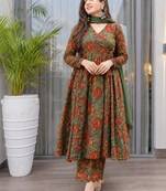 Green cotton floral printed anarkali kurta set with dupatta