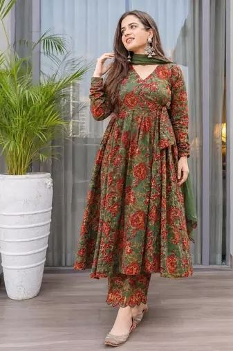 Green cotton floral printed anarkali kurta set with dupatta