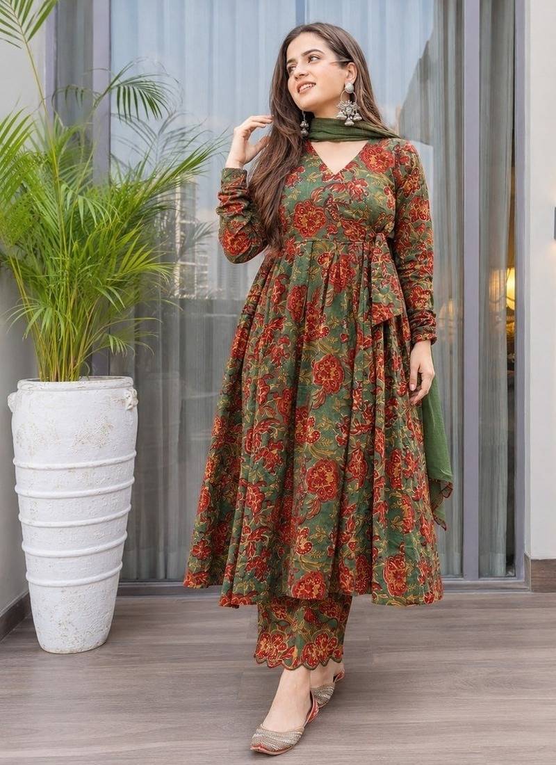 Green cotton floral printed anarkali kurta set with dupatta