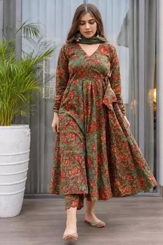 Green cotton floral printed anarkali kurta set with dupatta