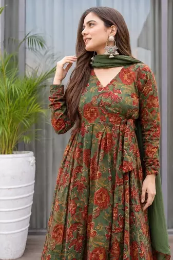 Green cotton floral printed anarkali kurta set with dupatta