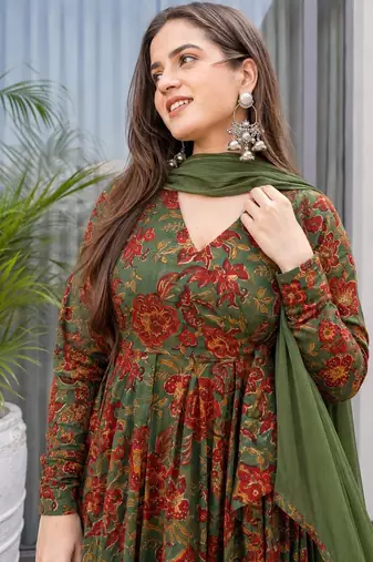 Green cotton floral printed anarkali kurta set with dupatta
