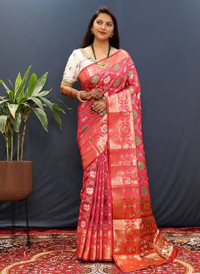 Rani pink silk blend patola saree with zari border and contrast red pallu 1