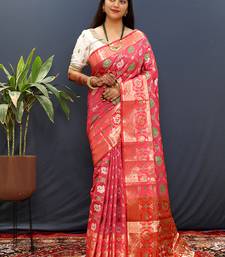 Rani pink silk blend patola saree with zari border and contrast red pallu
