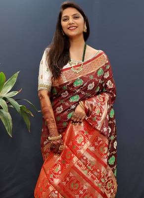 Maroon silk blend patola saree with zari border and contrast red pallu 3