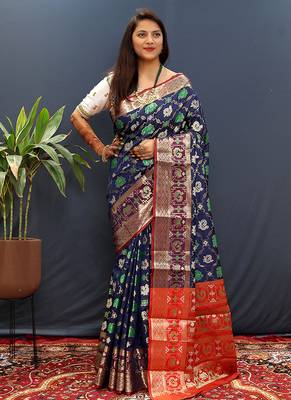 Navy blue silk blend patola saree with zari border and contrast red pallu 1