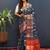 Navy blue silk blend patola saree with zari border and contrast red pallu