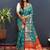 Teal blue silk blend patola saree with zari border and contrast red pallu