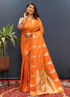 Orange silk blend banarasi saree with golden zari buti and border 1