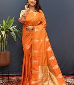 Orange silk blend banarasi saree with golden zari buti and border
