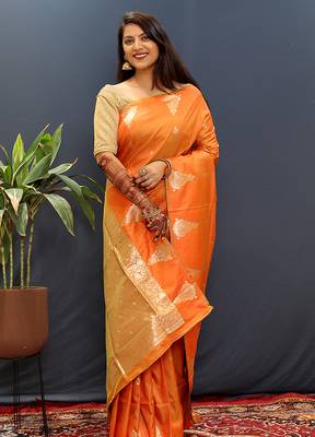 Orange silk blend banarasi saree with golden zari buti and border 2