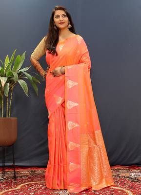 Peach silk blend banarasi saree with golden zari buti and border 1