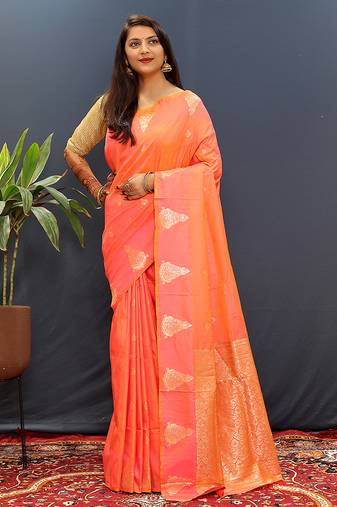 Peach silk blend banarasi saree with golden zari buti and border
