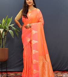 Peach silk blend banarasi saree with golden zari buti and border