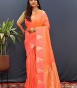 Peach silk blend banarasi saree with golden zari buti and border