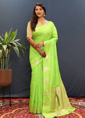 Lime green silk blend banarasi saree with golden zari buti and border 1
