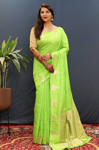 Lime green silk blend banarasi saree with golden zari buti and border