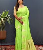 Lime green silk blend banarasi saree with golden zari buti and border