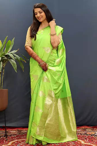 Lime green silk blend banarasi saree with golden zari buti and border